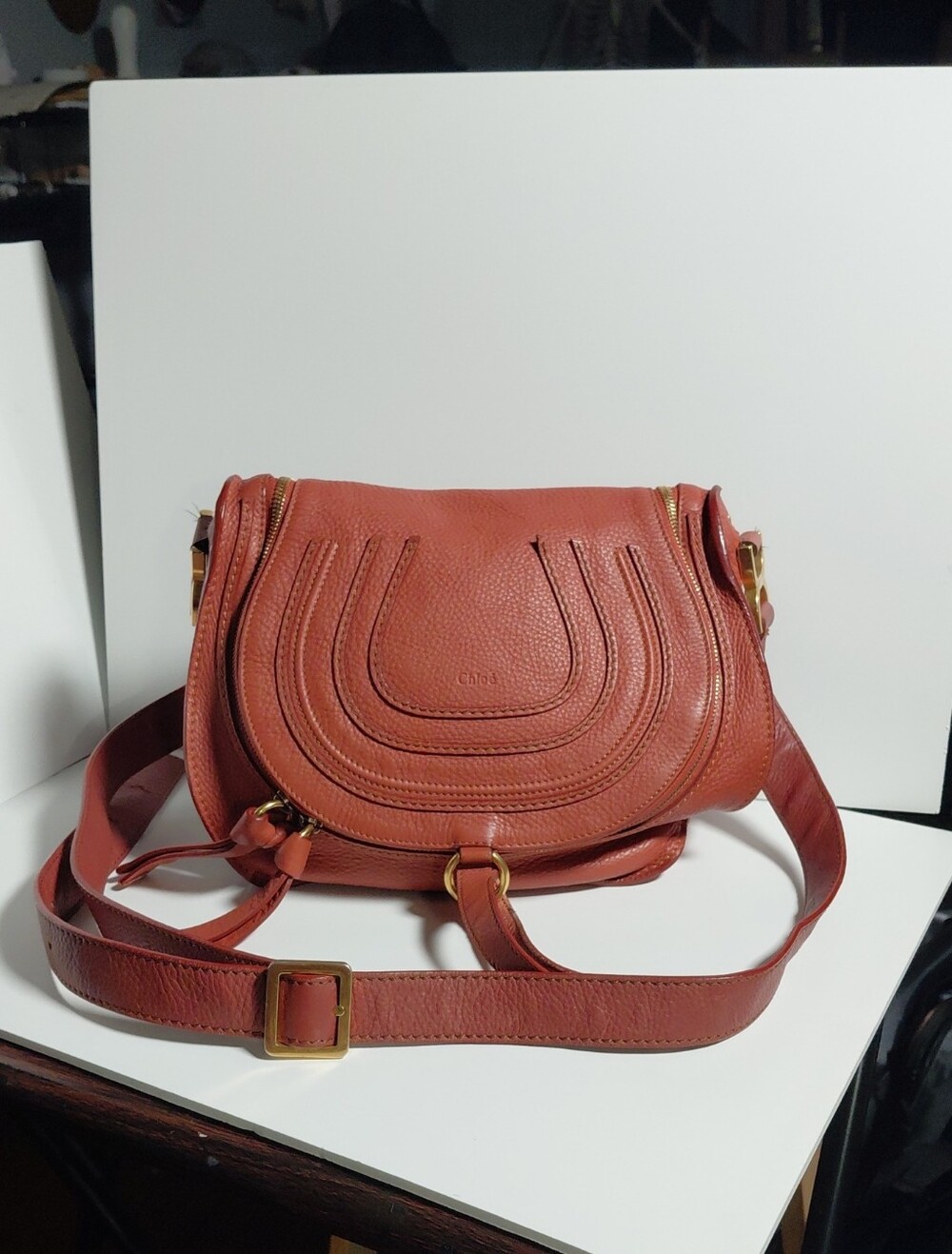 Small Marcie Crossbody Bag - Red Brown Leather